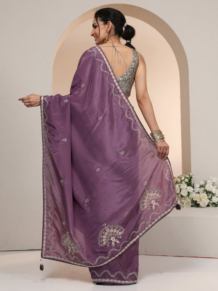 Libas Dusty Plum Purple Embroidered Silk Blend Saree
