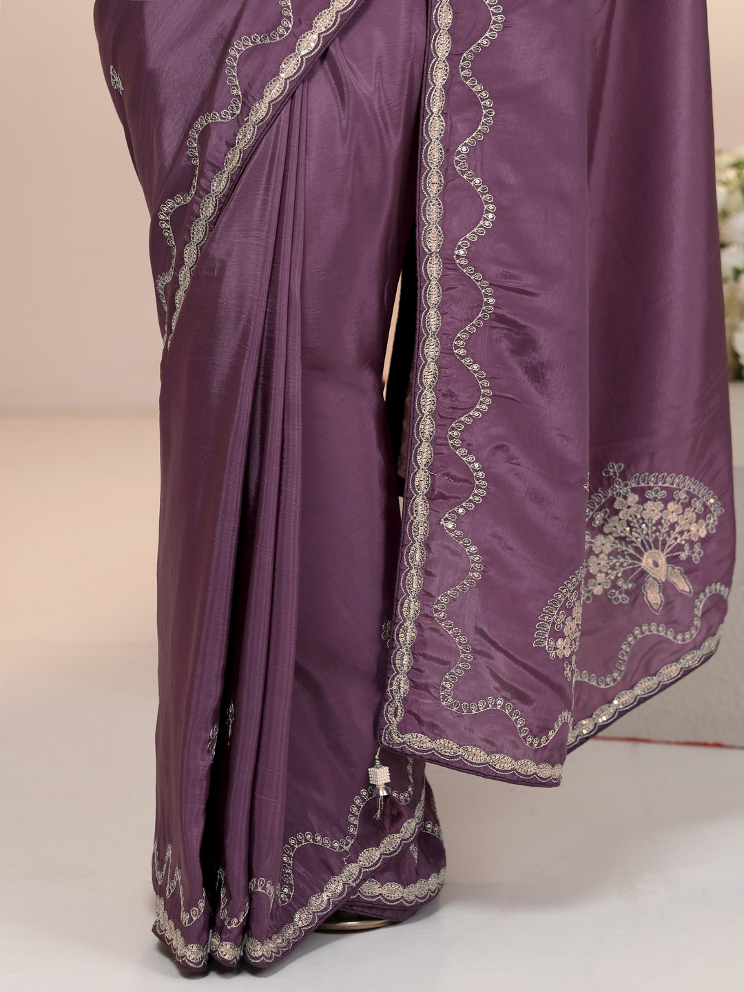 Libas Dusty Plum Purple Embroidered Silk Blend Saree