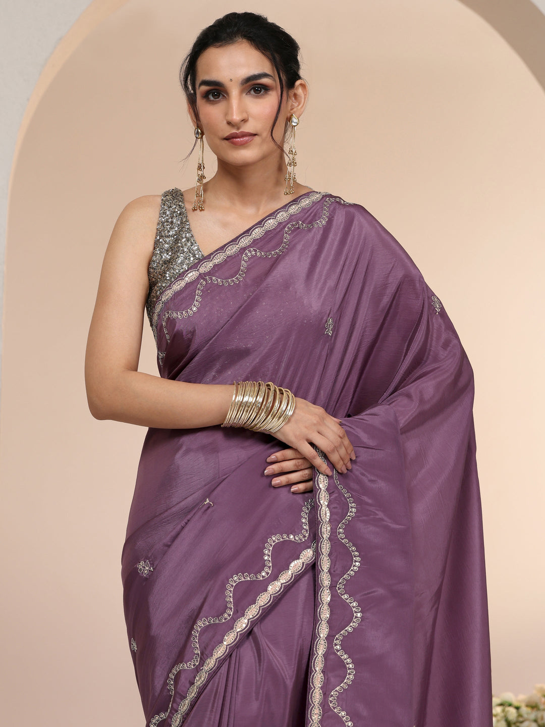 Libas Dusty Plum Purple Embroidered Silk Blend Saree