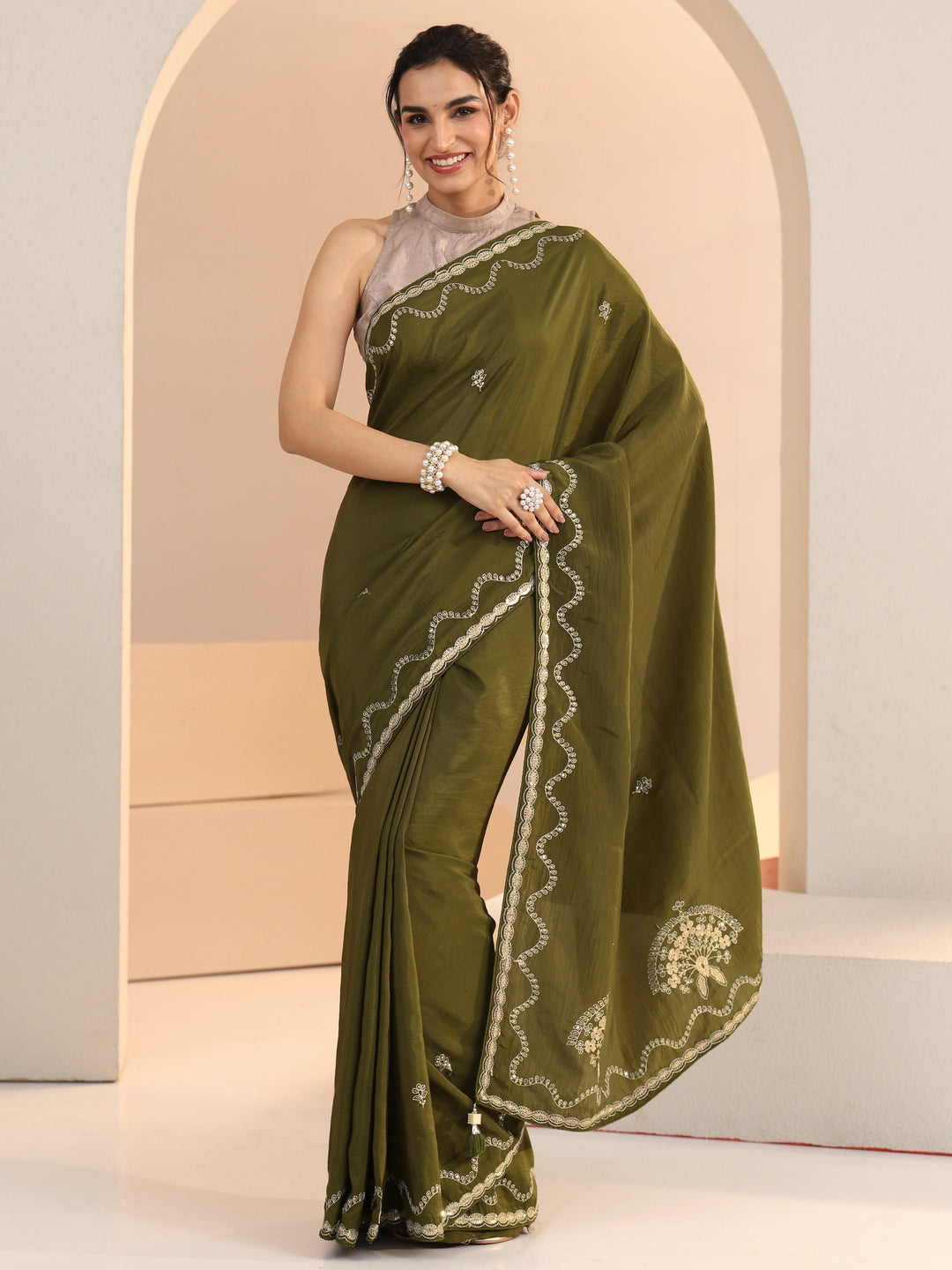 Libas Henna Green Embroidered Silk Blend Saree