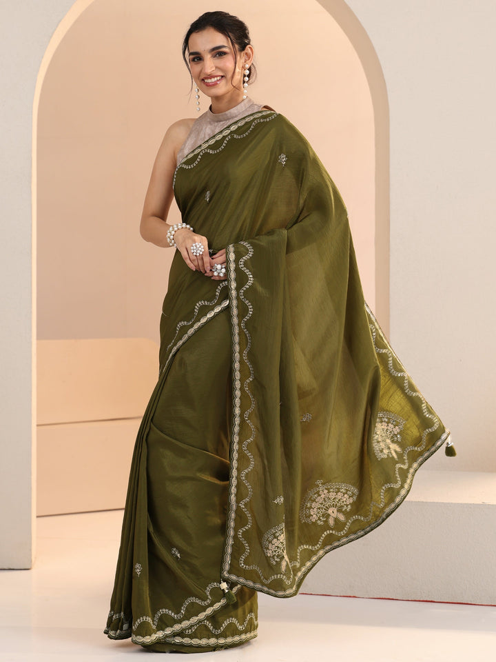 Libas Henna Green Embroidered Silk Blend Saree