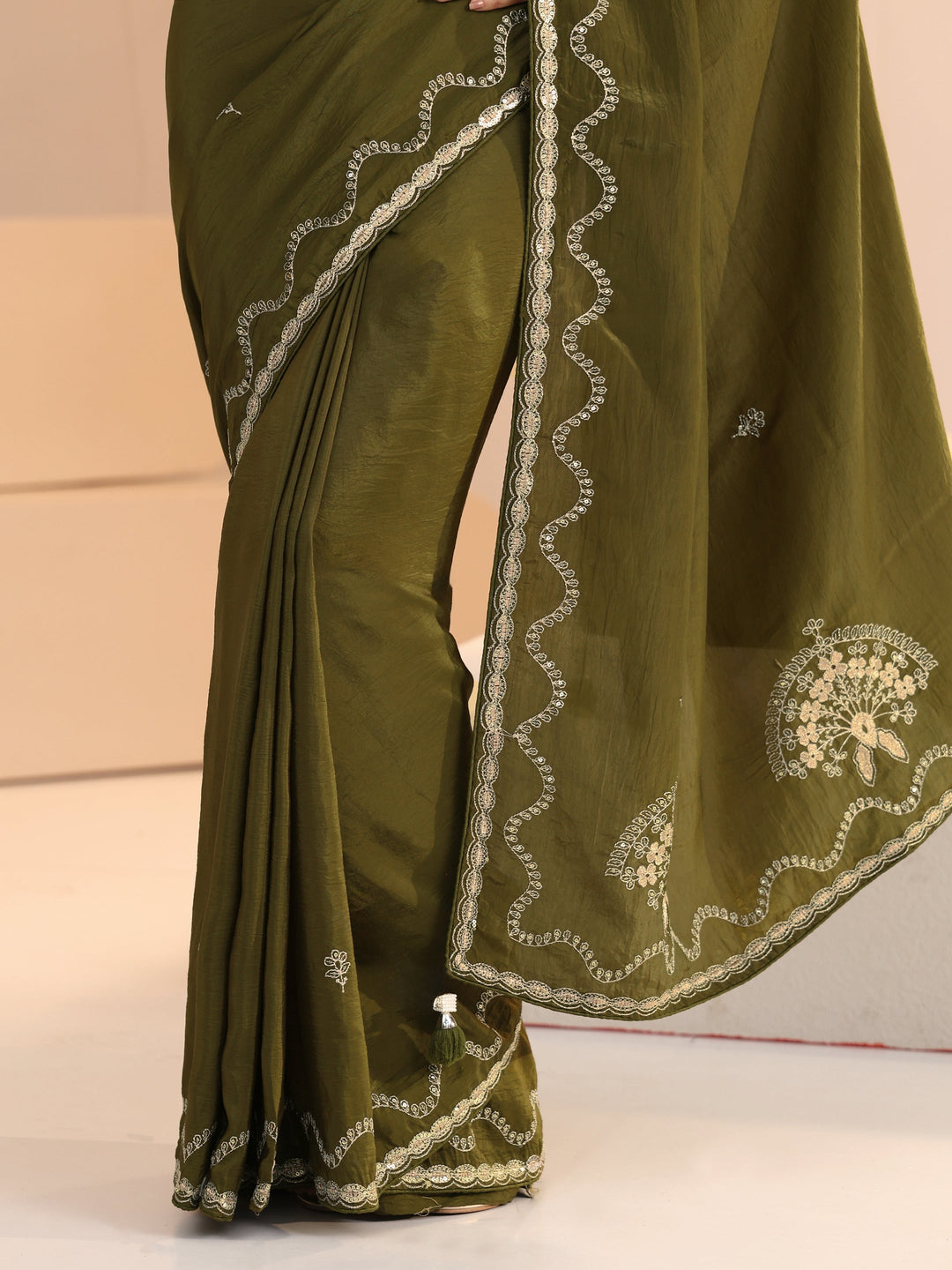 Libas Henna Green Embroidered Silk Blend Saree