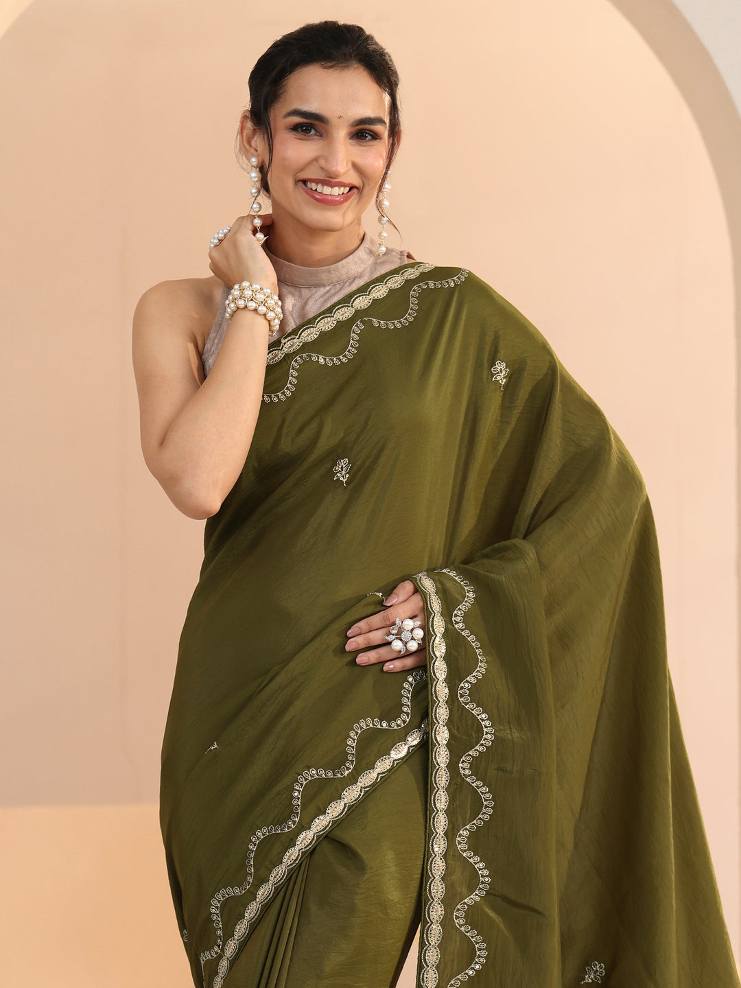 Libas Henna Green Embroidered Silk Blend Saree