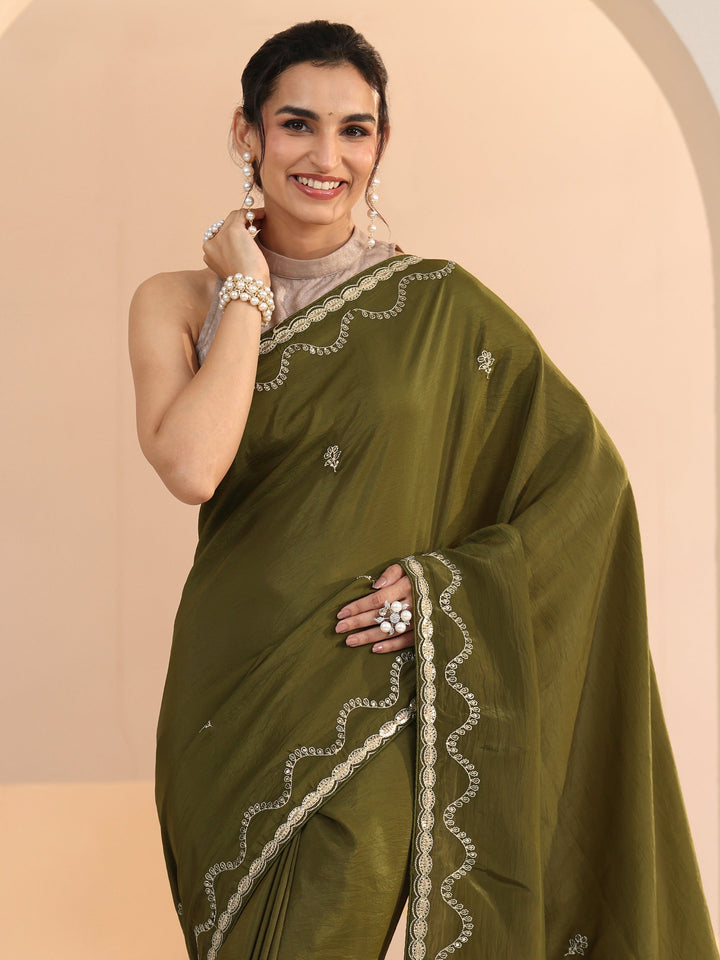 Libas Henna Green Embroidered Silk Blend Saree