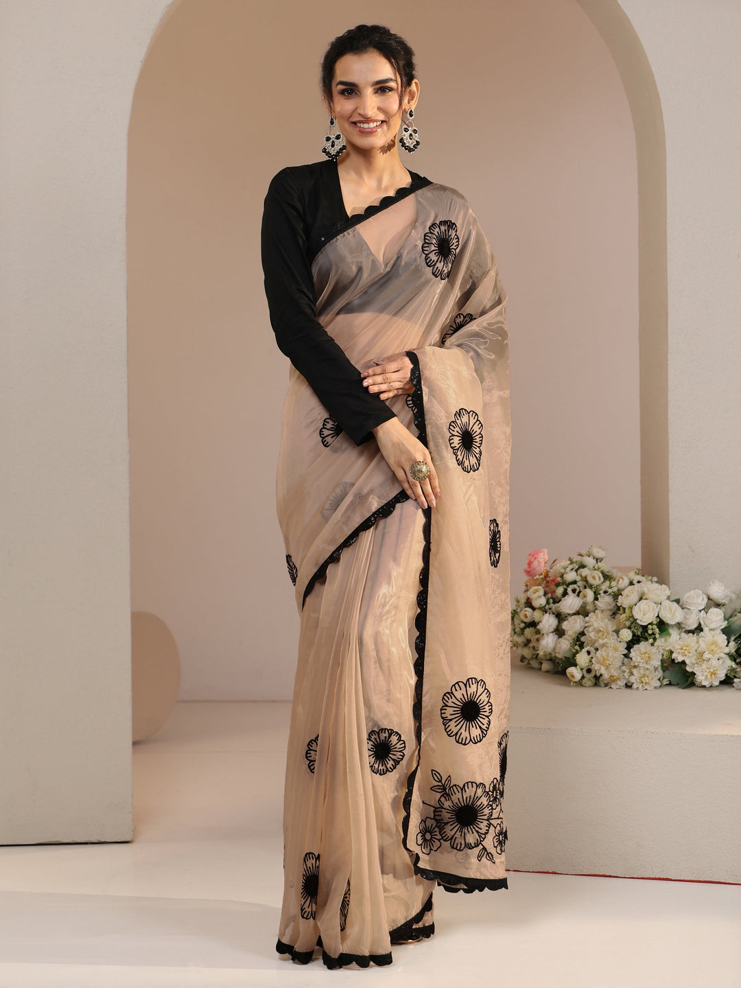 Libas Beige Floral Embroidered Tissue Saree with Scalloped Border