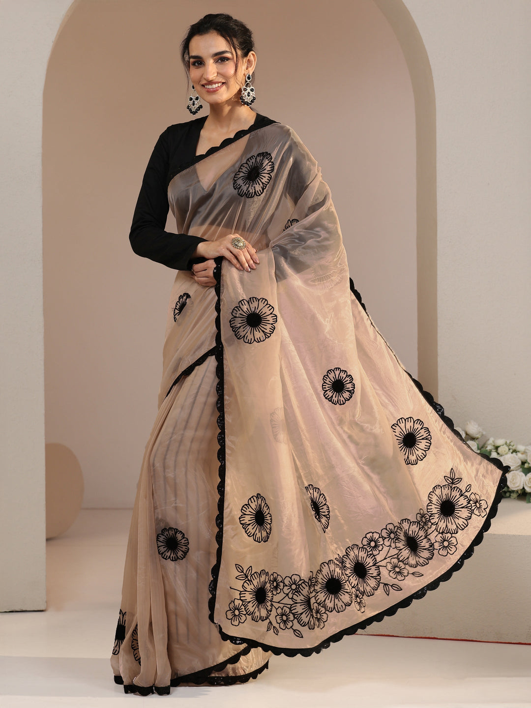 Libas Beige Floral Embroidered Tissue Saree with Scalloped Border