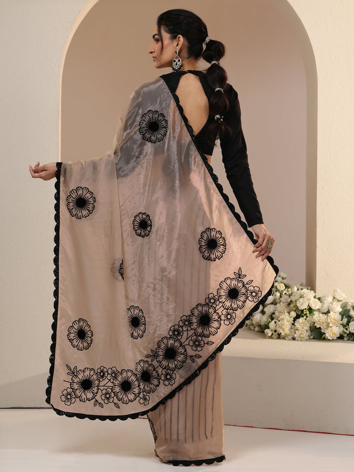 Libas Beige Floral Embroidered Tissue Saree with Scalloped Border
