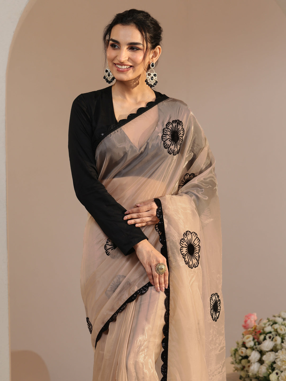 Libas Beige Floral Embroidered Tissue Saree with Scalloped Border