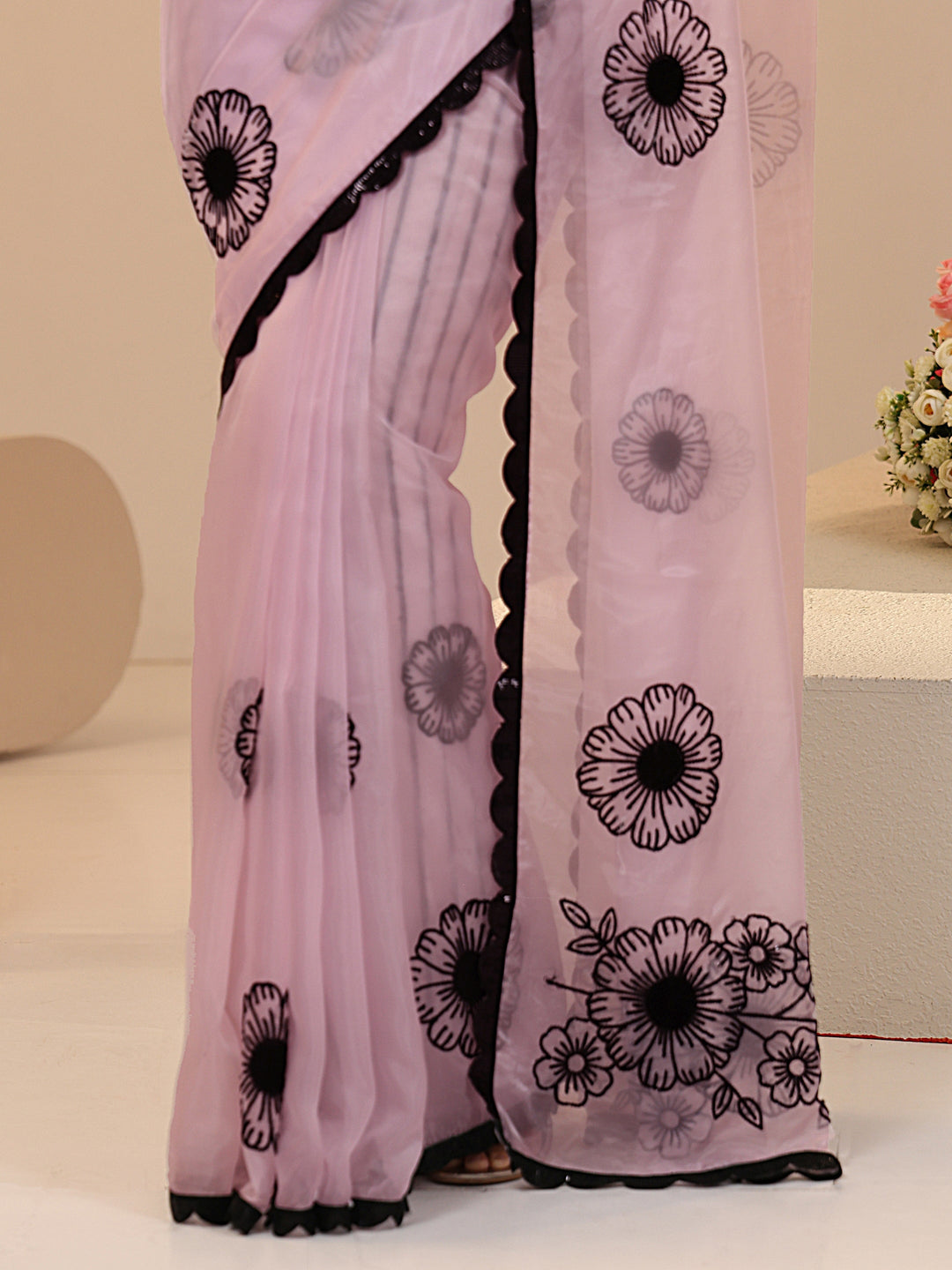Libas Baby Pink Floral Embroidered Tissue Saree with Scalloped Border