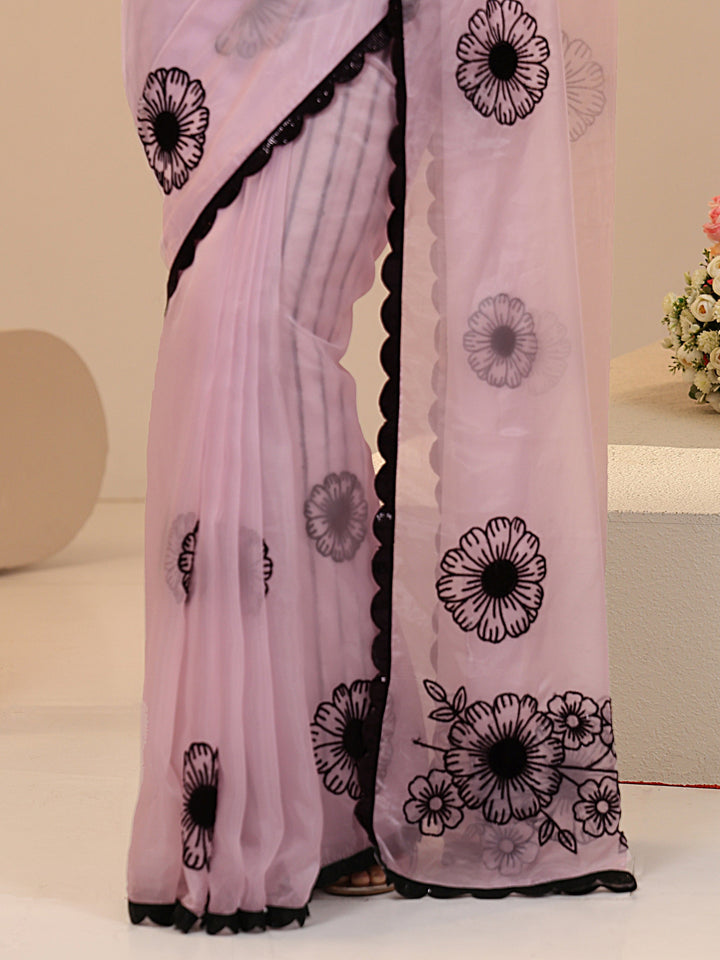 Libas Baby Pink Floral Embroidered Tissue Saree with Scalloped Border