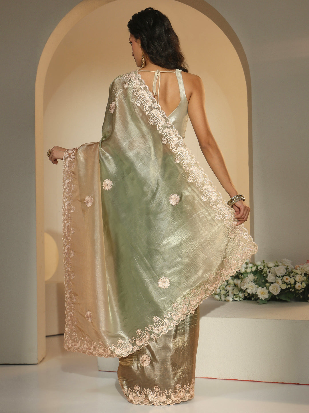 Libas Sage Green Floral Embroidered Tissue Saree