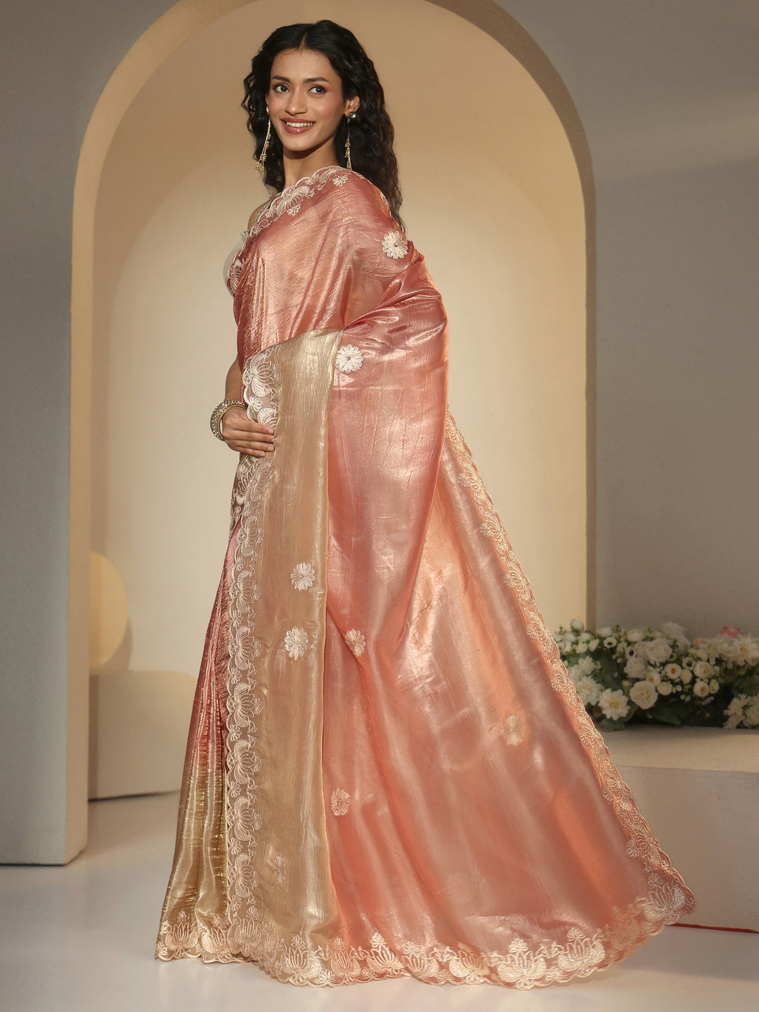 Libas Peach Floral Embroidered Tissue Saree