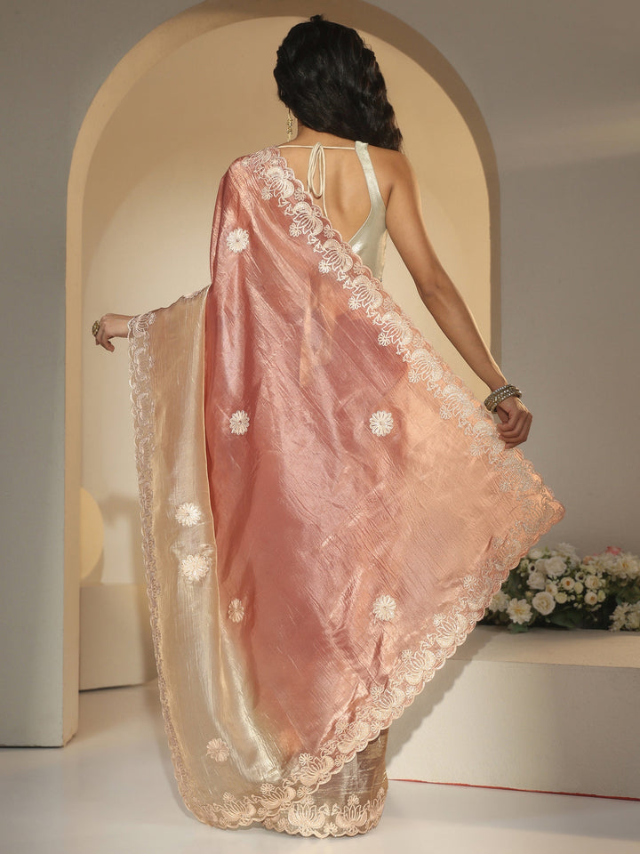 Libas Peach Floral Embroidered Tissue Saree