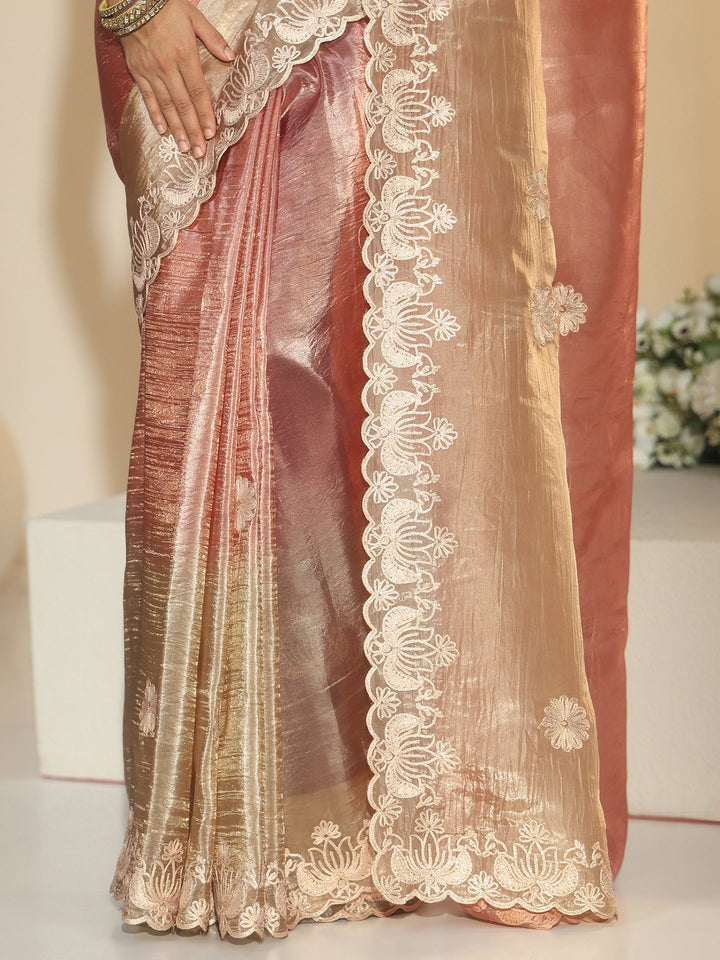 Libas Peach Floral Embroidered Tissue Saree