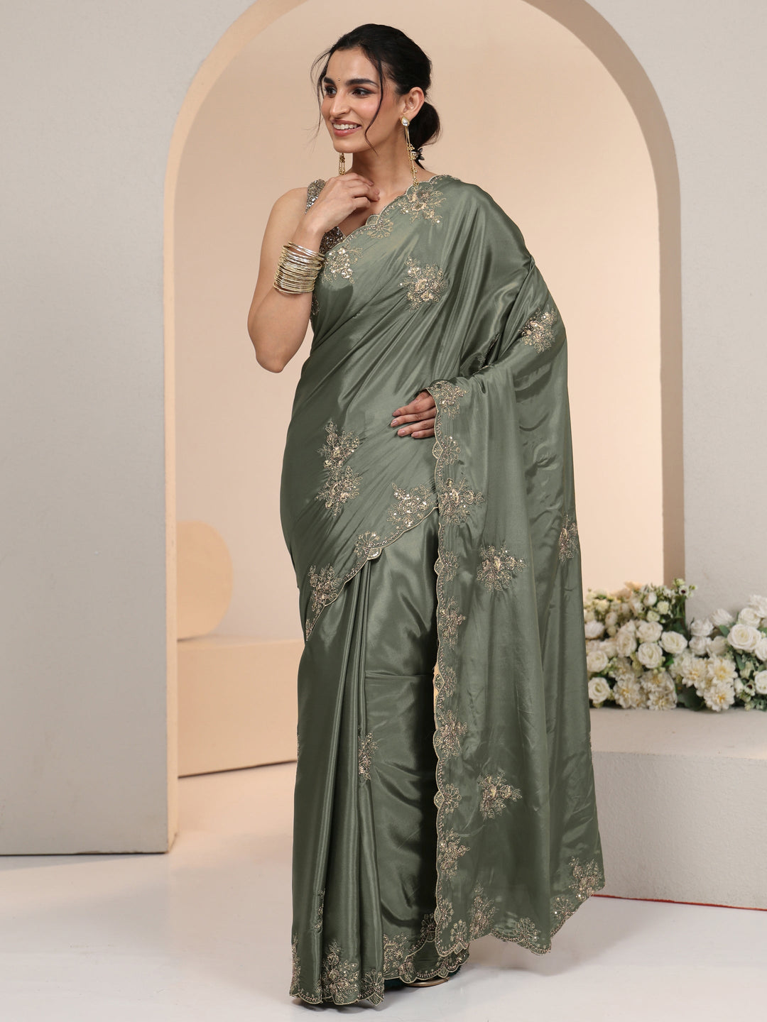 Libas Dusty Olive Green Floral Embroidered Silk Blend Saree