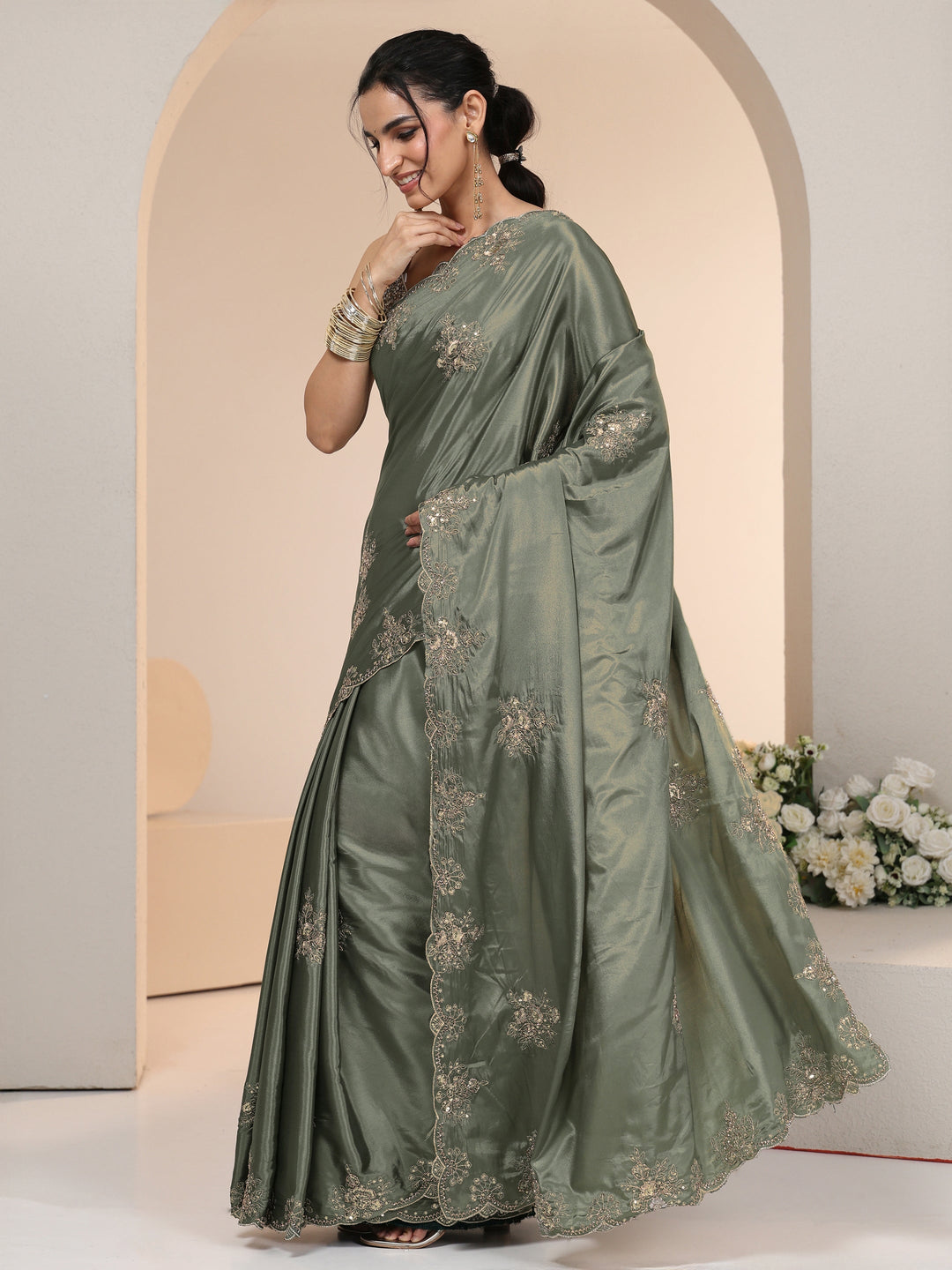 Libas Dusty Olive Green Floral Embroidered Silk Blend Saree
