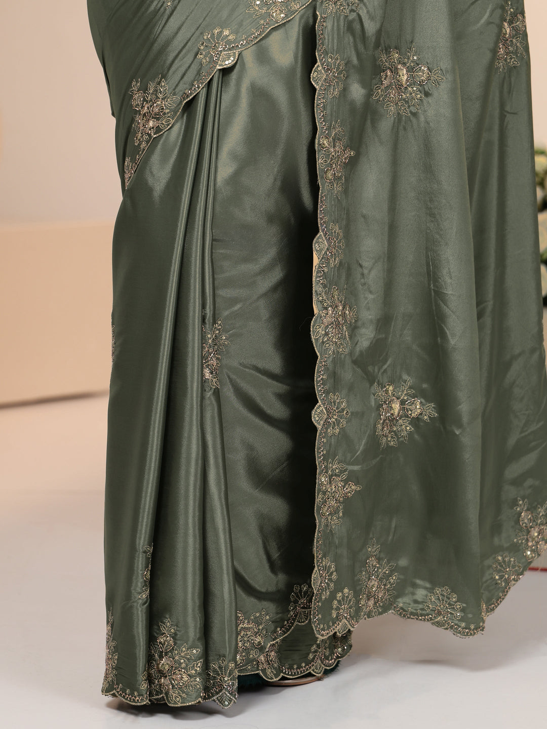 Libas Dusty Olive Green Floral Embroidered Silk Blend Saree