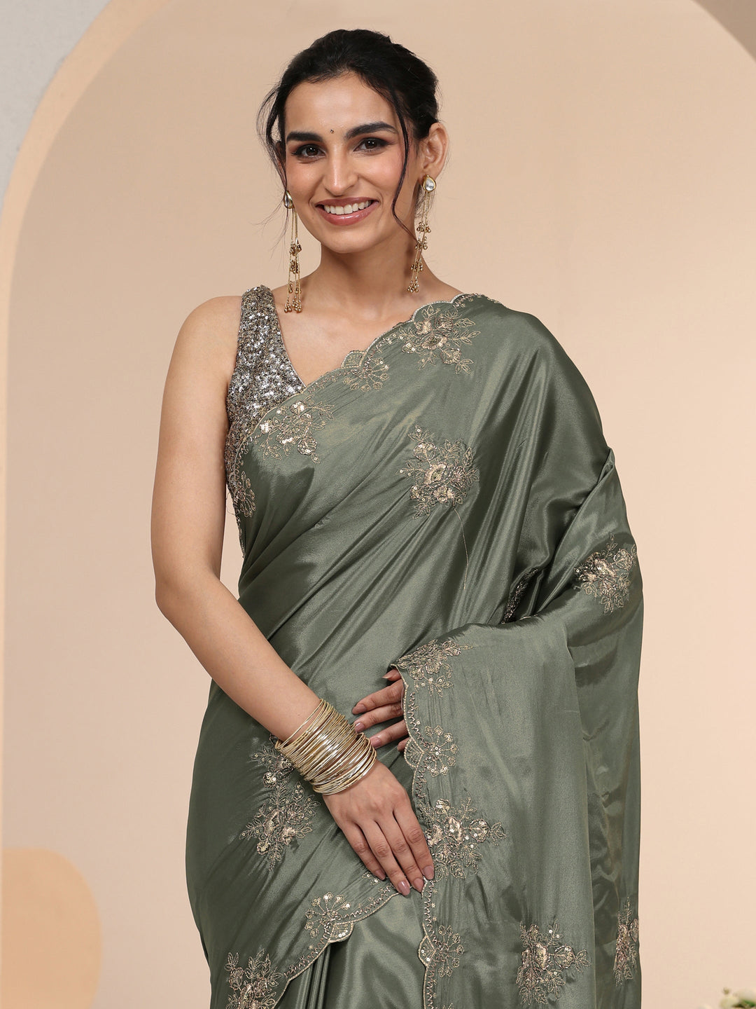 Libas Dusty Olive Green Floral Embroidered Silk Blend Saree