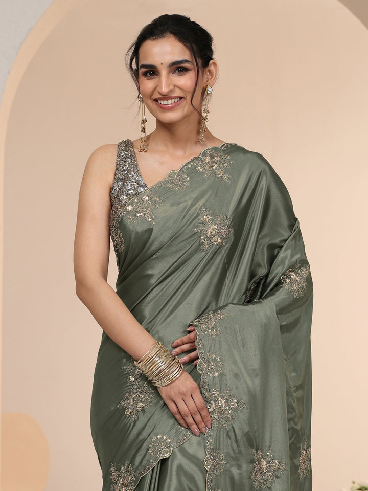 Libas Dusty Olive Green Floral Embroidered Silk Blend Saree