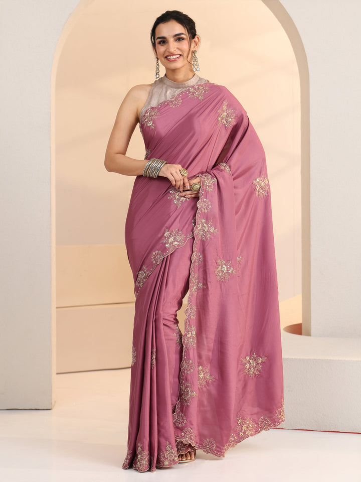Libas Dusty Rose Pink Floral Embroidered Silk Blend Saree