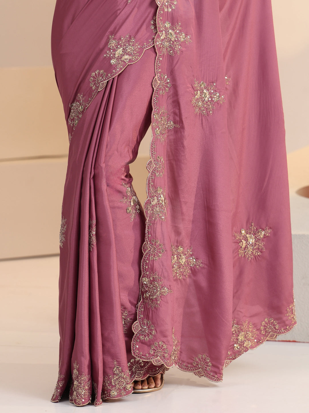 Libas Dusty Rose Pink Floral Embroidered Silk Blend Saree