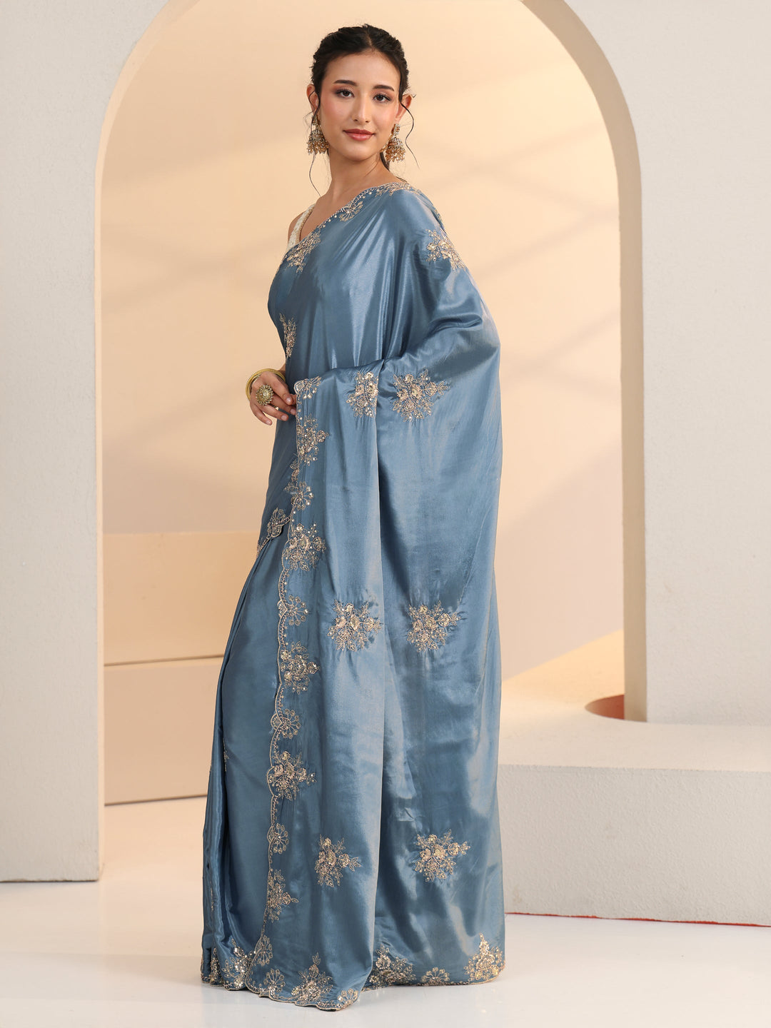 Libas Dusty Blue Floral Embroidered Silk Saree