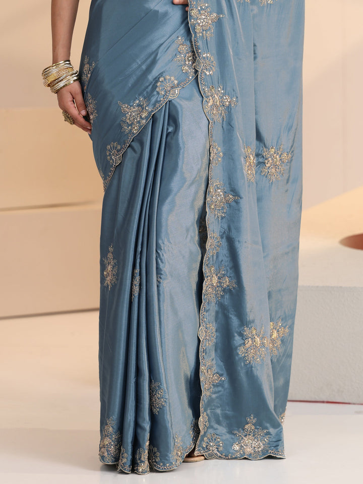 Libas Dusty Blue Floral Embroidered Silk Saree