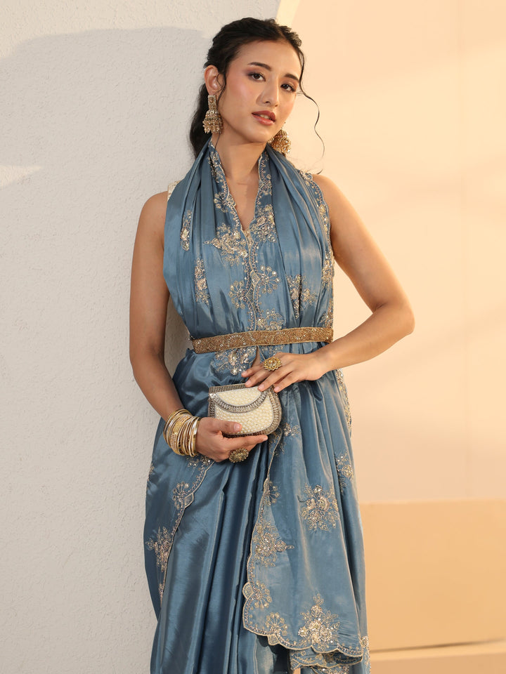 Libas Dusty Blue Floral Embroidered Silk Saree