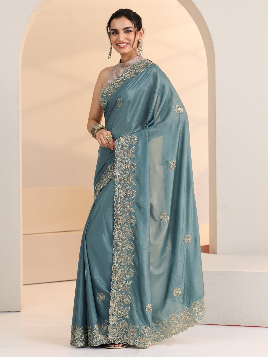 Libas Dusty Blue Embroidered Silk Blend Saree