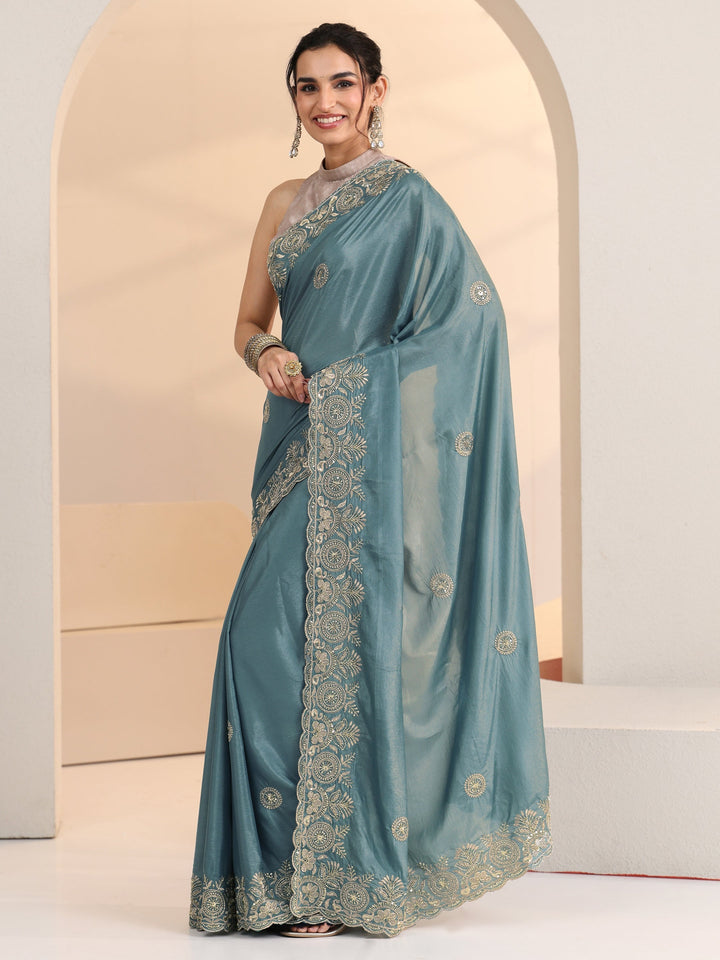 Libas Dusty Blue Embroidered Silk Blend Saree