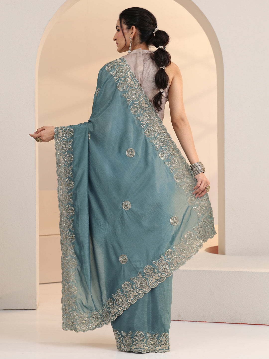 Libas Dusty Blue Embroidered Silk Blend Saree
