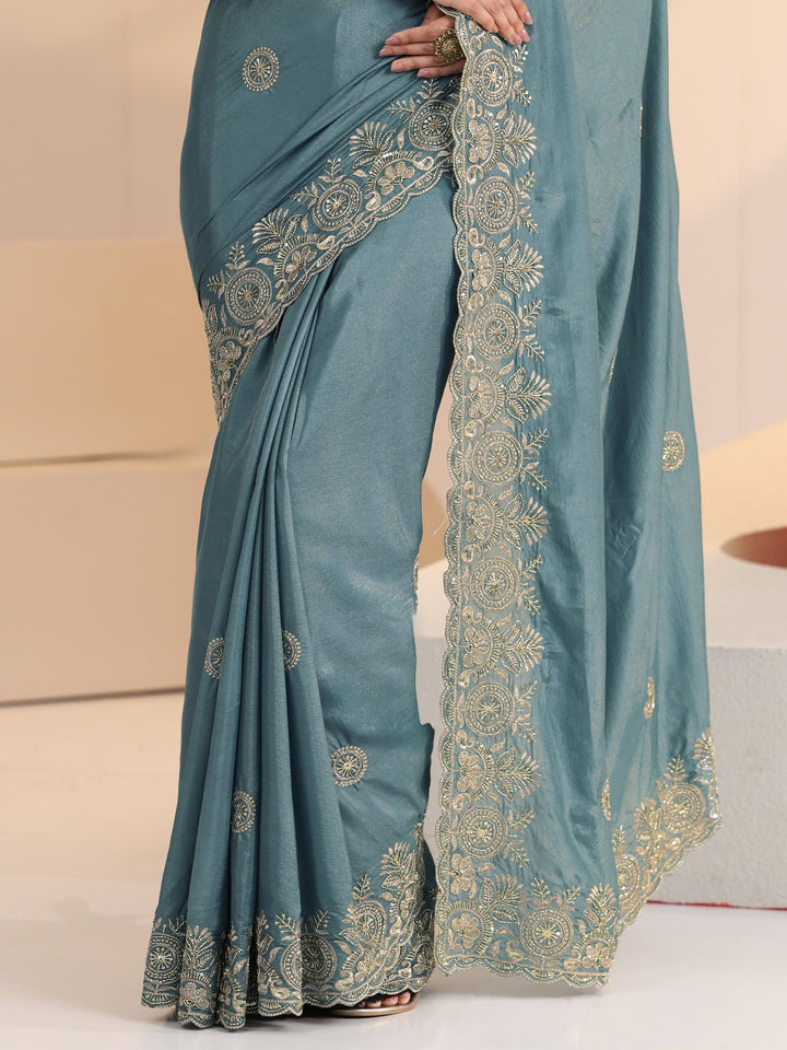 Libas Dusty Blue Embroidered Silk Blend Saree