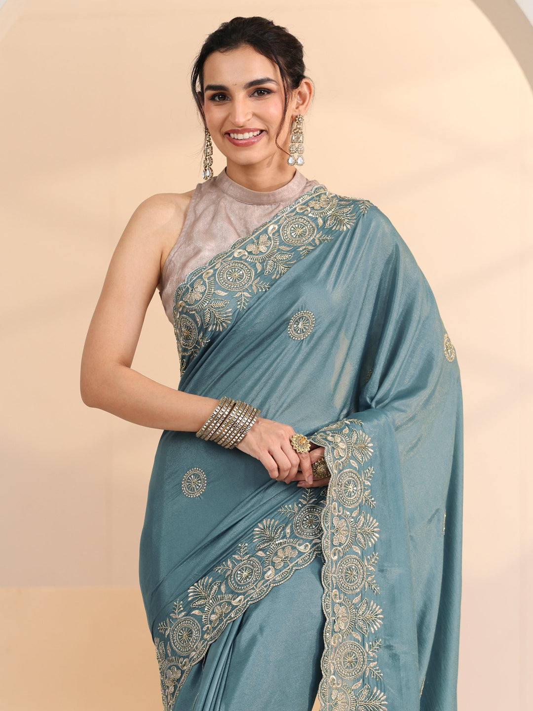 Libas Dusty Blue Embroidered Silk Blend Saree
