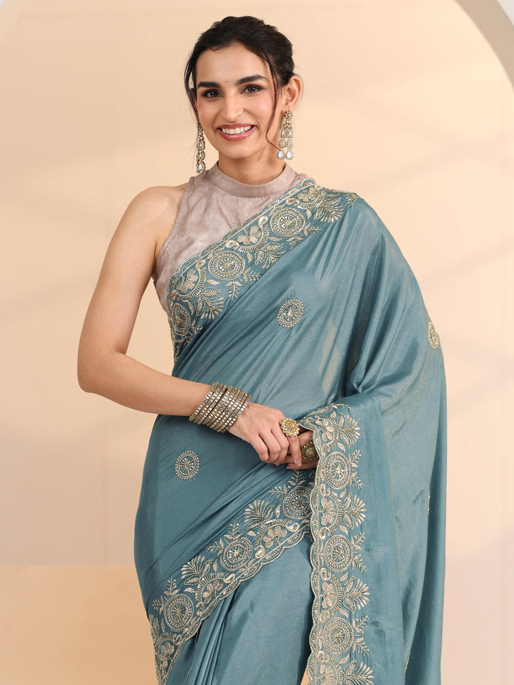 Libas Dusty Blue Embroidered Silk Blend Saree