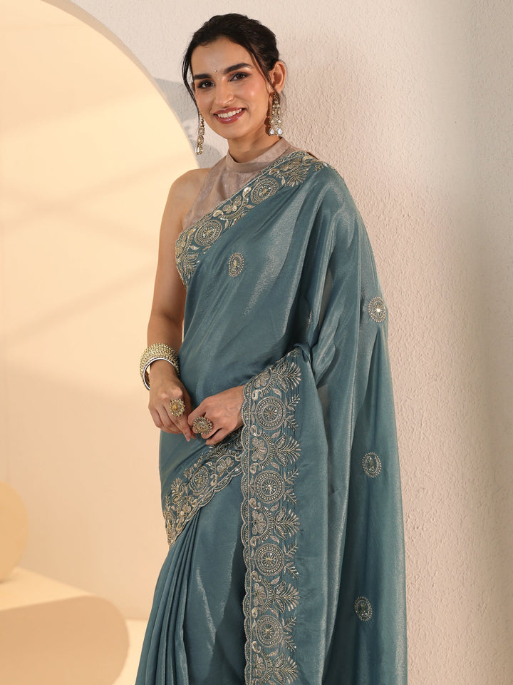 Libas Dusty Blue Embroidered Silk Blend Saree