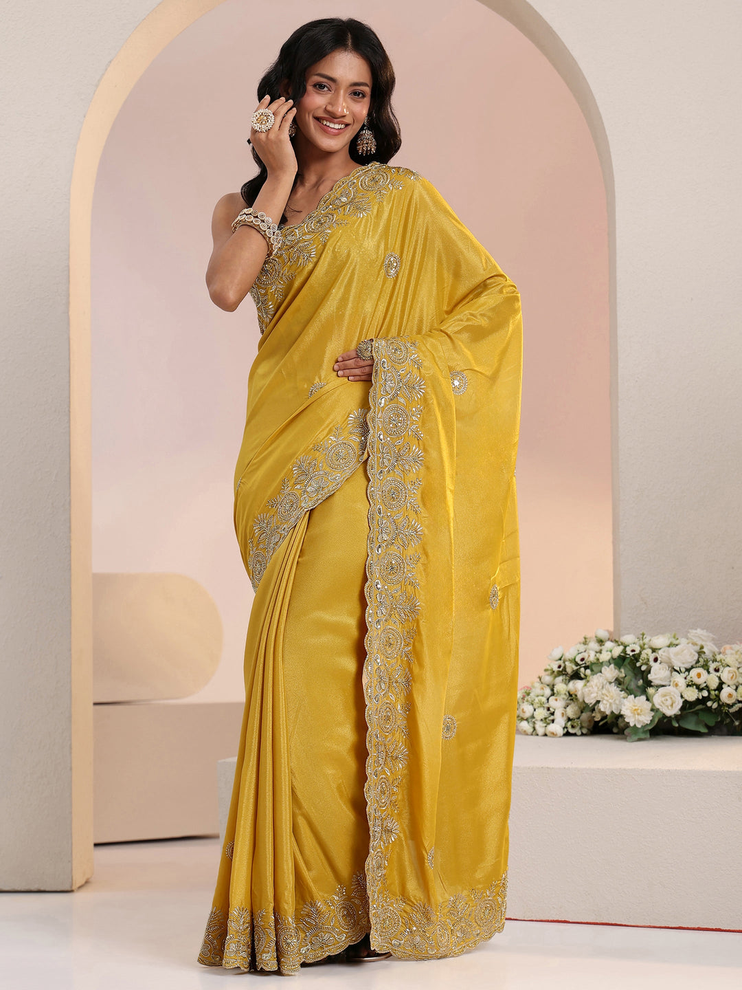 Libas Mustard Embroidered Silk Blend Saree
