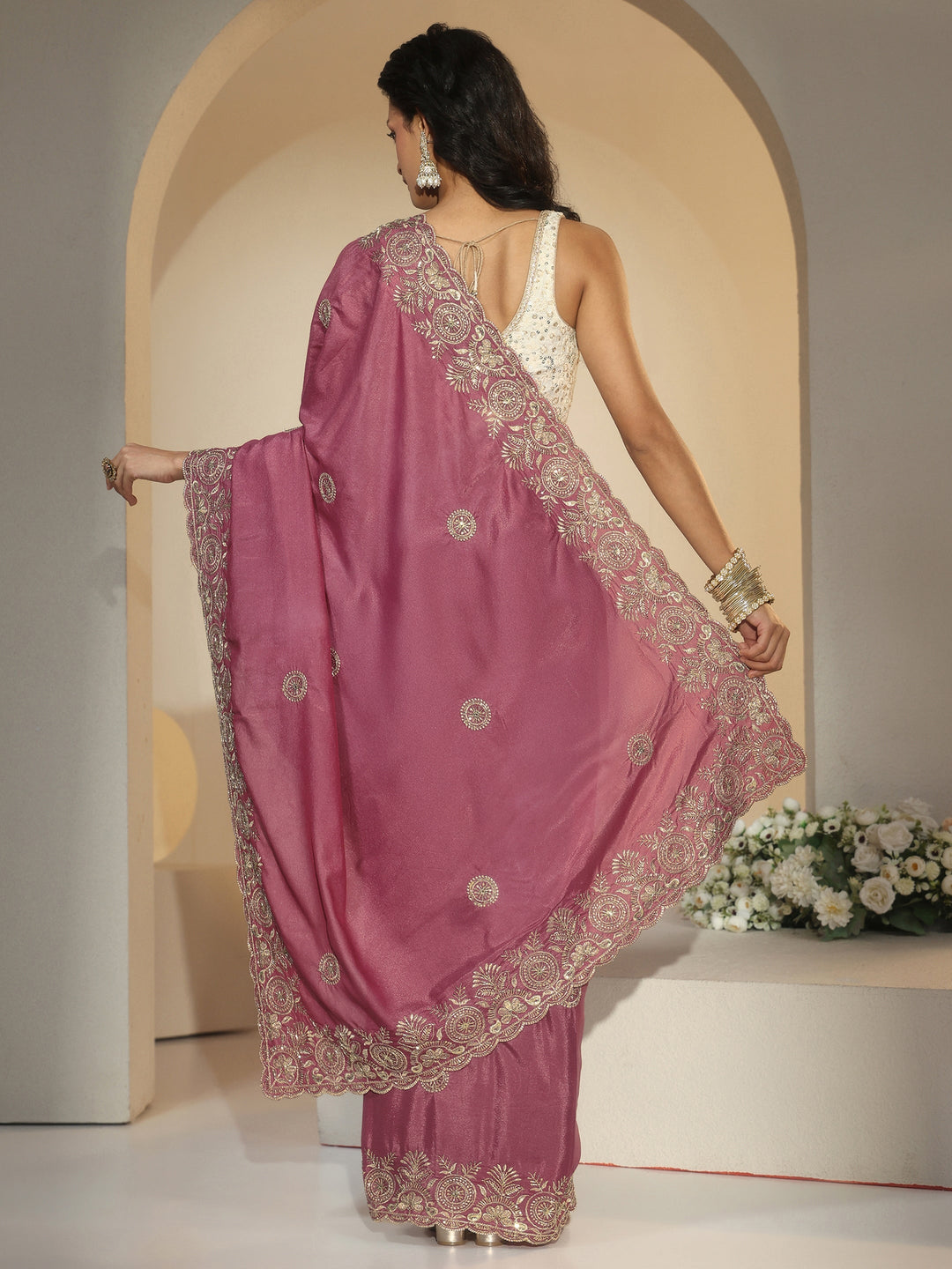 Libas Dusty Rose Pink Embroidered Silk Blend Saree
