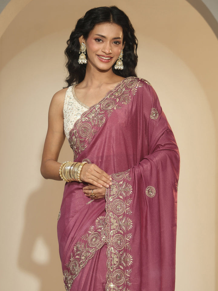 Libas Dusty Rose Pink Embroidered Silk Blend Saree
