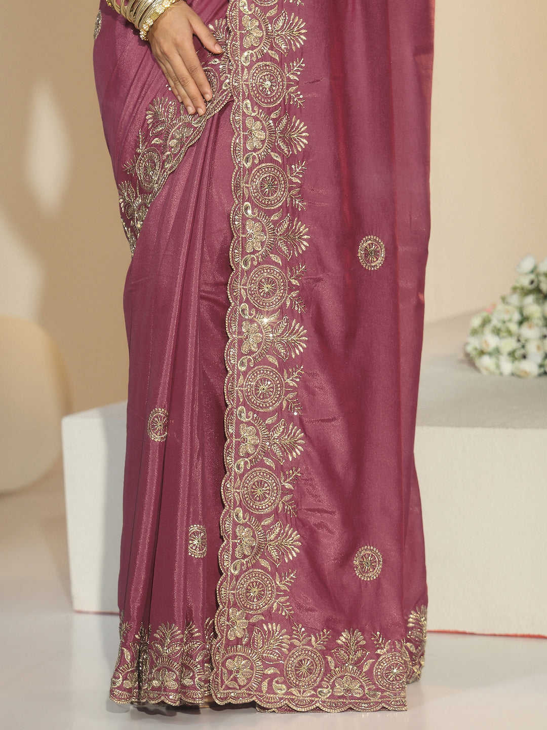 Libas Dusty Rose Pink Embroidered Silk Blend Saree