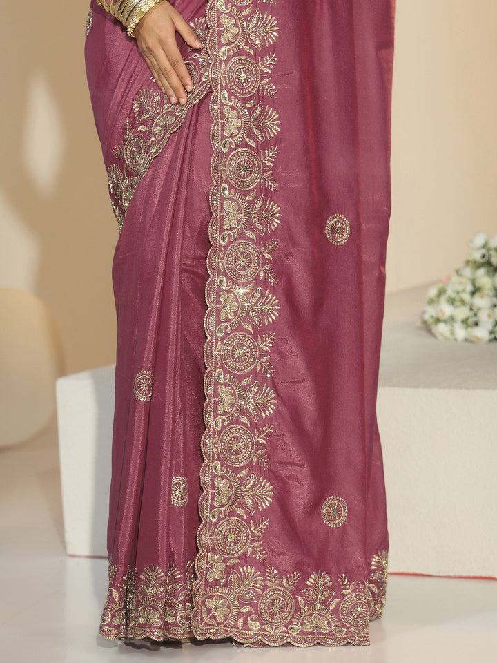 Libas Dusty Rose Pink Embroidered Silk Blend Saree