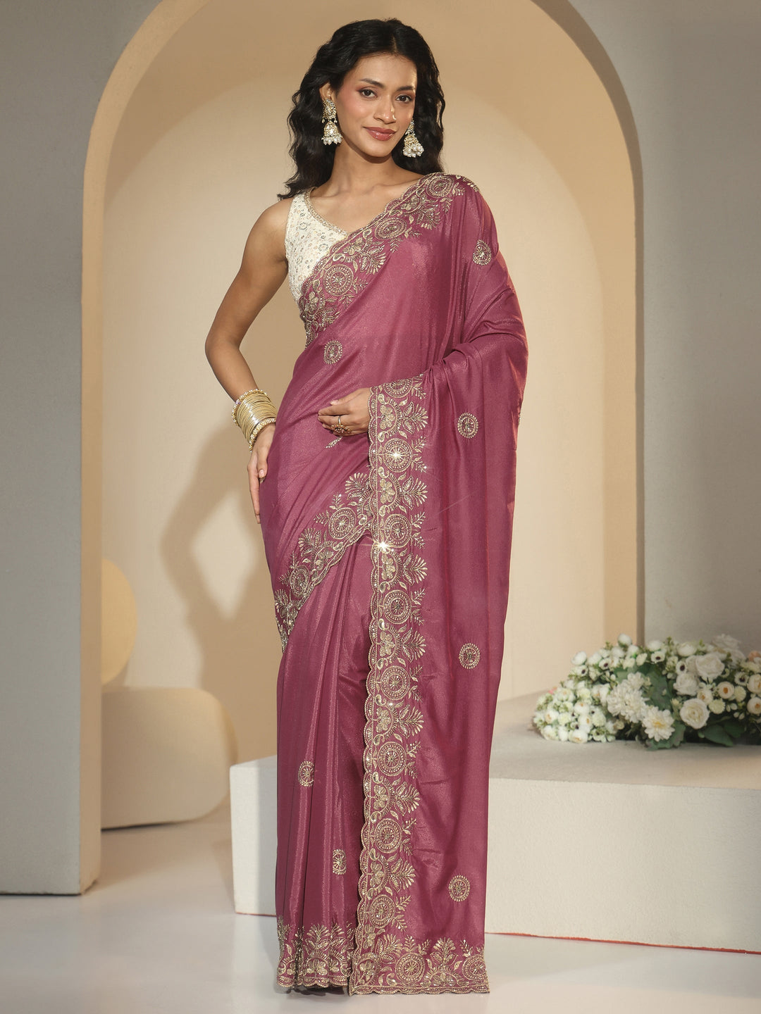Libas Dusty Rose Pink Embroidered Silk Blend Saree