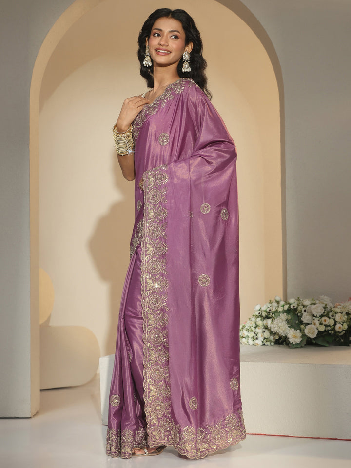 Libas Mauve Embroidered Silk Blend Saree