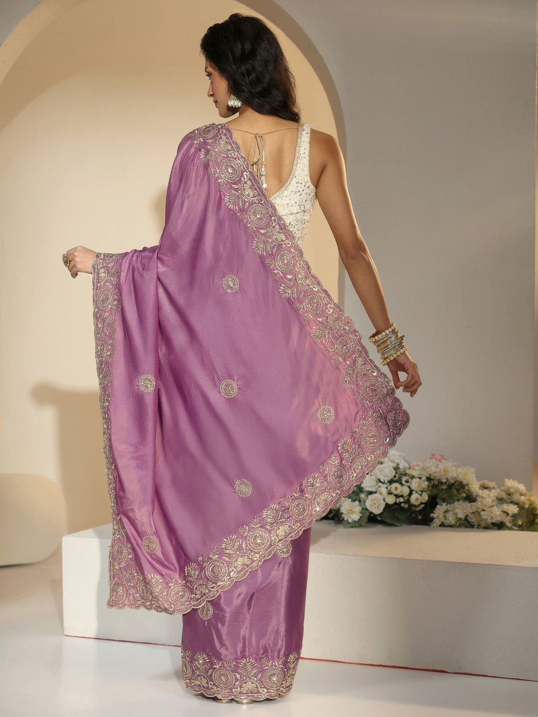 Libas Mauve Embroidered Silk Blend Saree