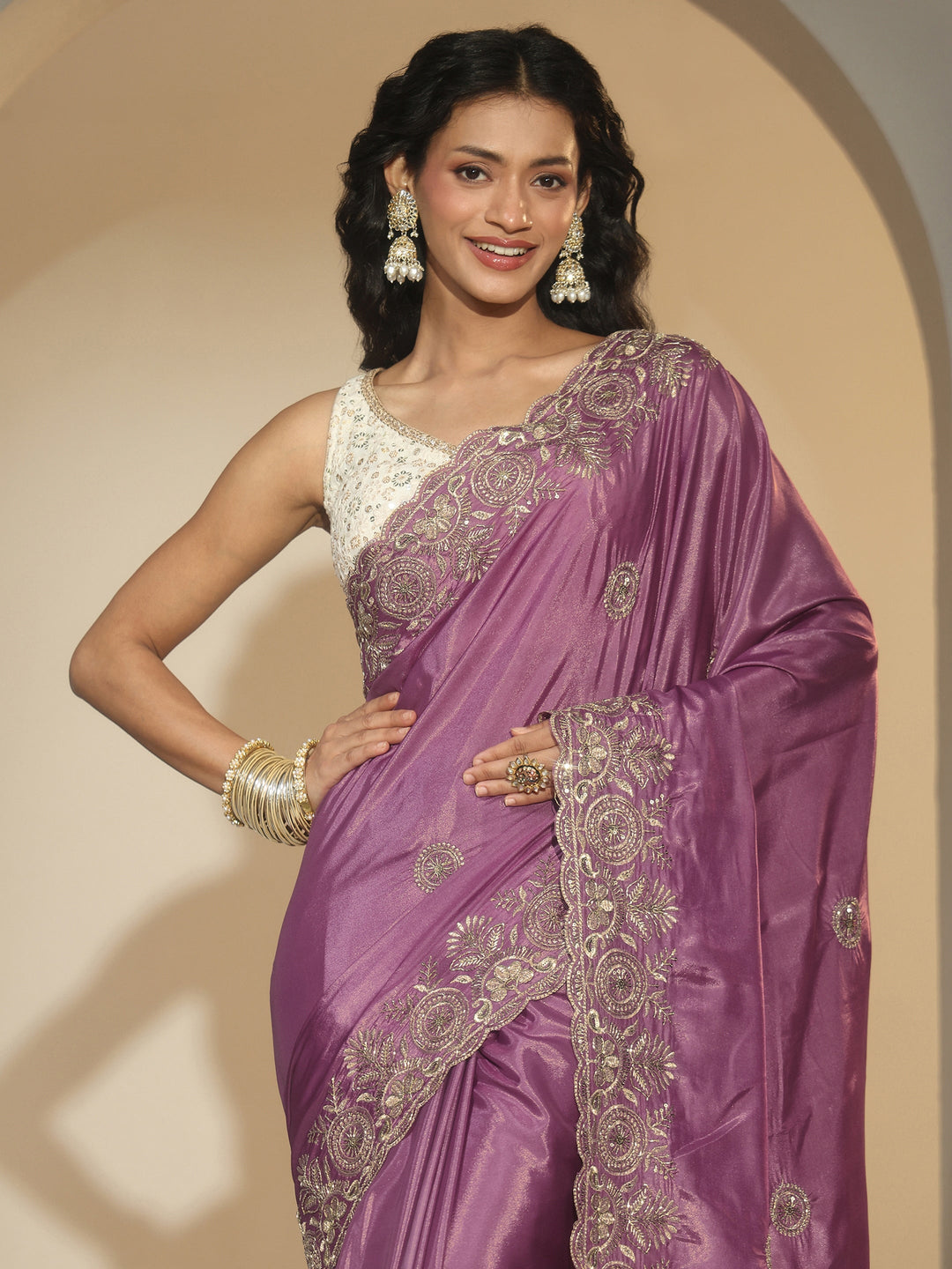 Libas Mauve Embroidered Silk Blend Saree
