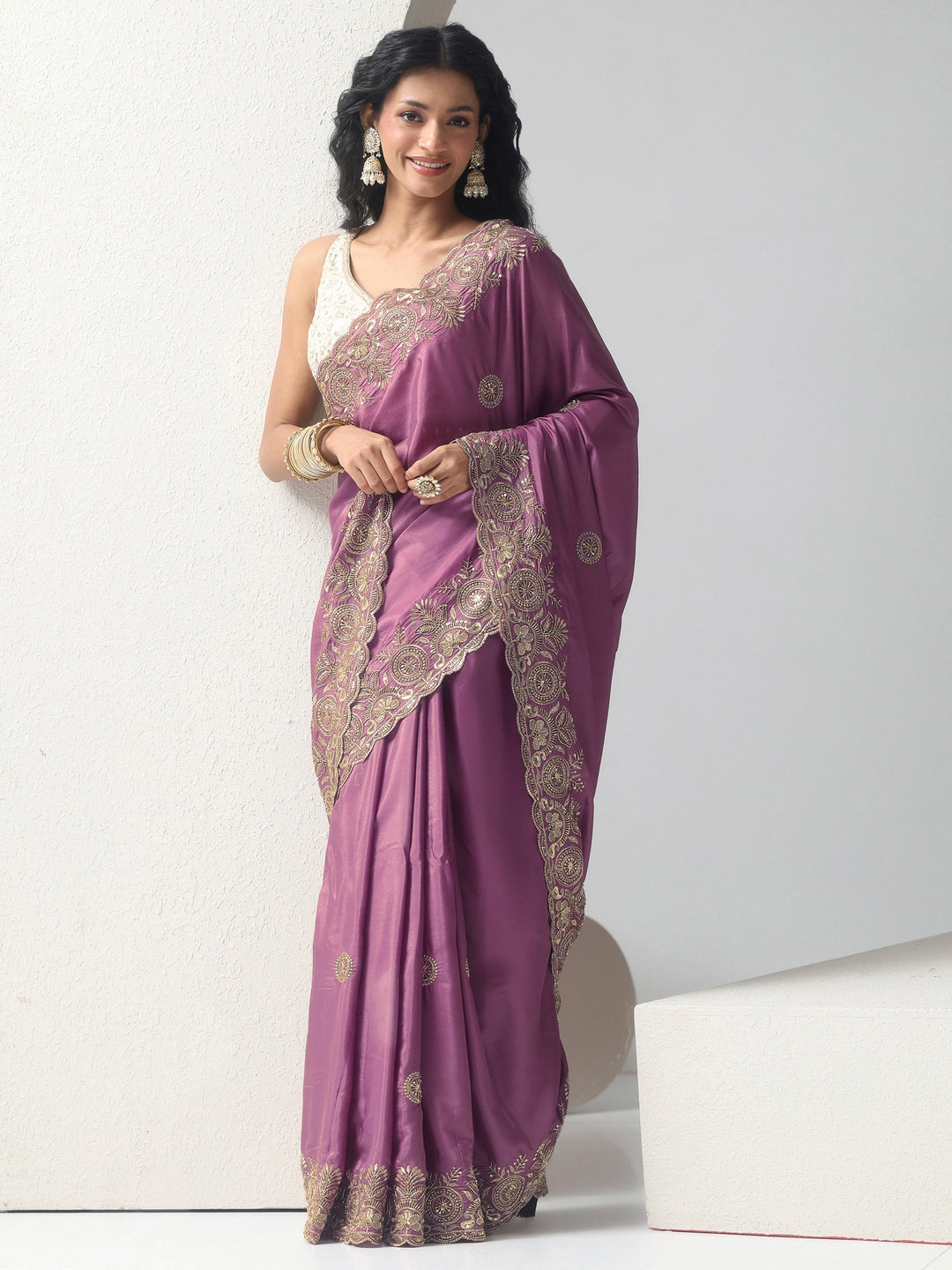 Libas Mauve Embroidered Silk Blend Saree