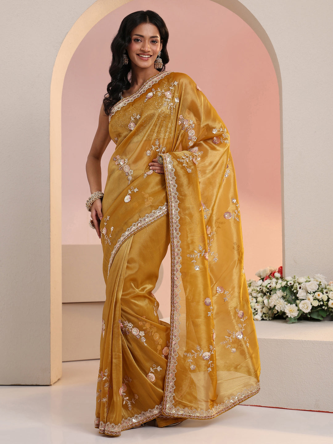 Libas Mustard Floral Embellished Tissue Saree