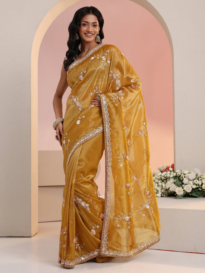Libas Mustard Floral Embellished Tissue Saree