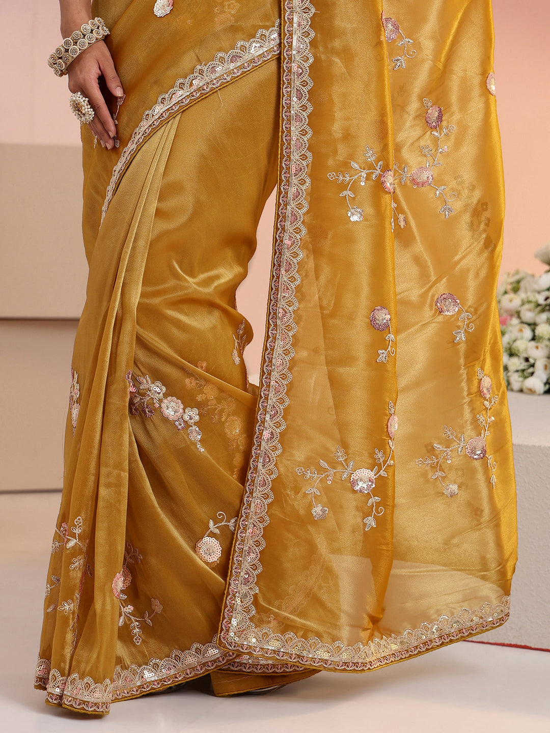 Libas Mustard Floral Embellished Tissue Saree