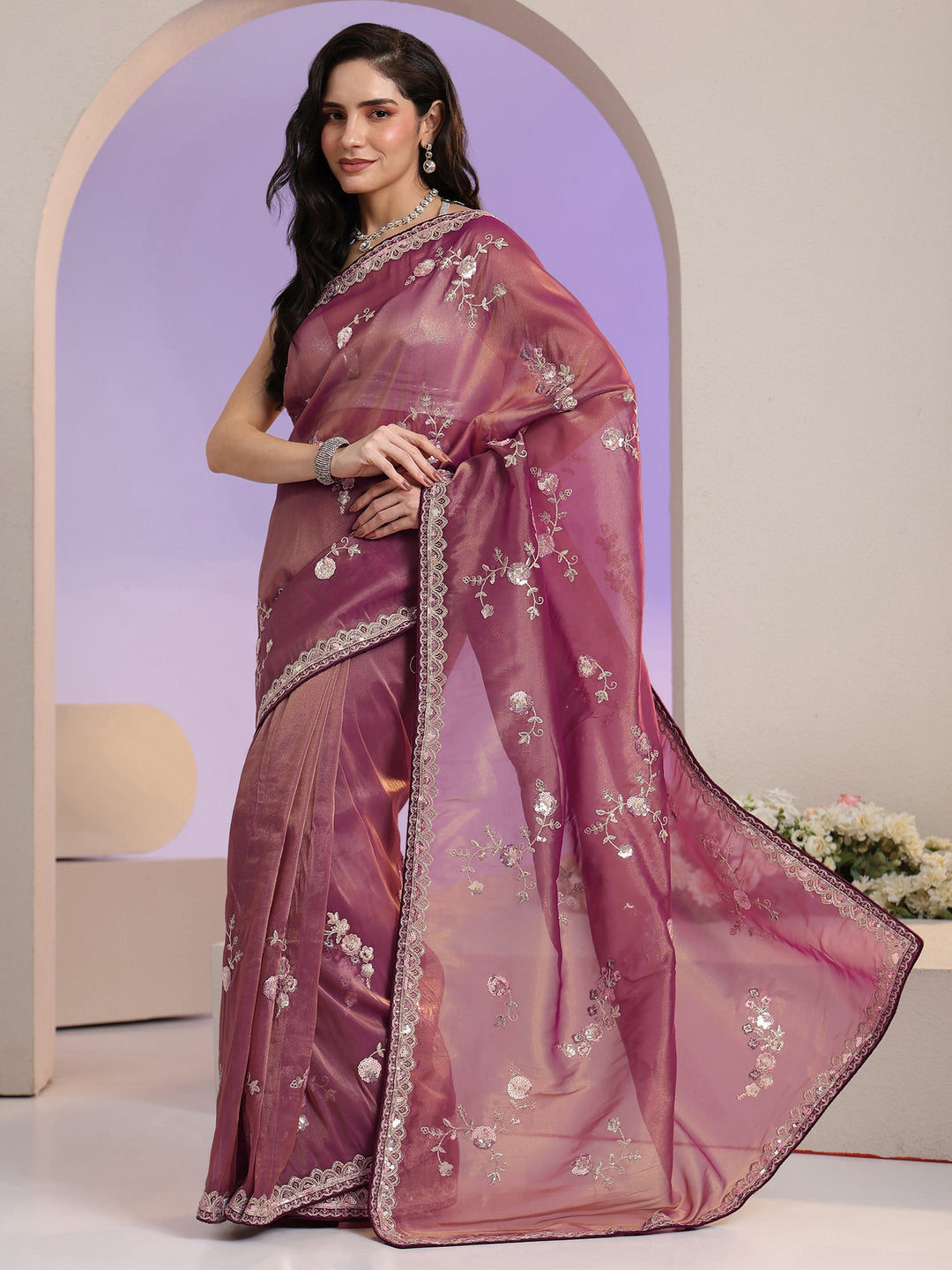 Libas Mauve Floral Embellished Tissue Saree