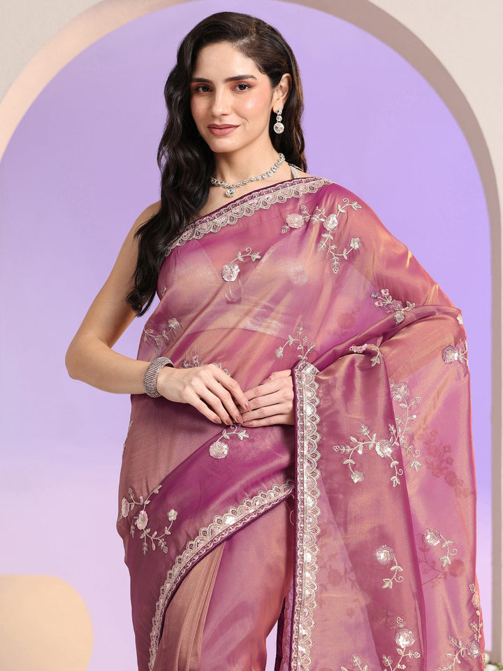 Libas Mauve Floral Embellished Tissue Saree